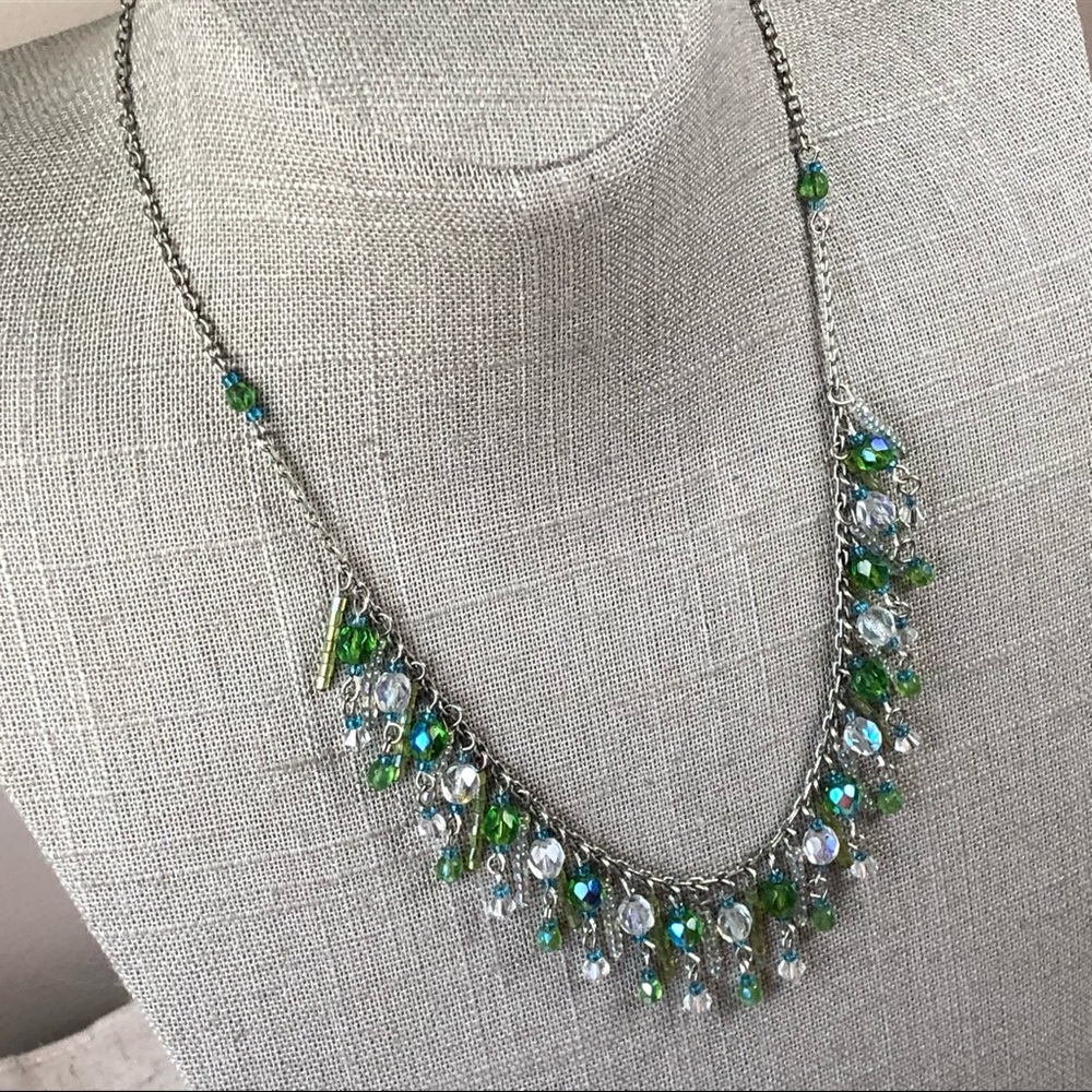 Green and blue tassel necklace in silver tone